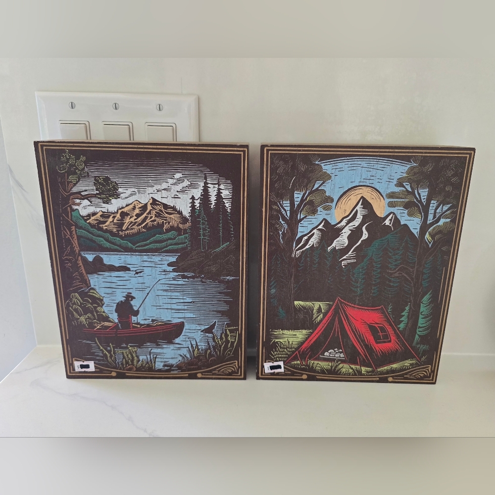 Camping Fishing‎ Retro Vibe Artwork Wood Box Wall Hanging Set Of Two New
